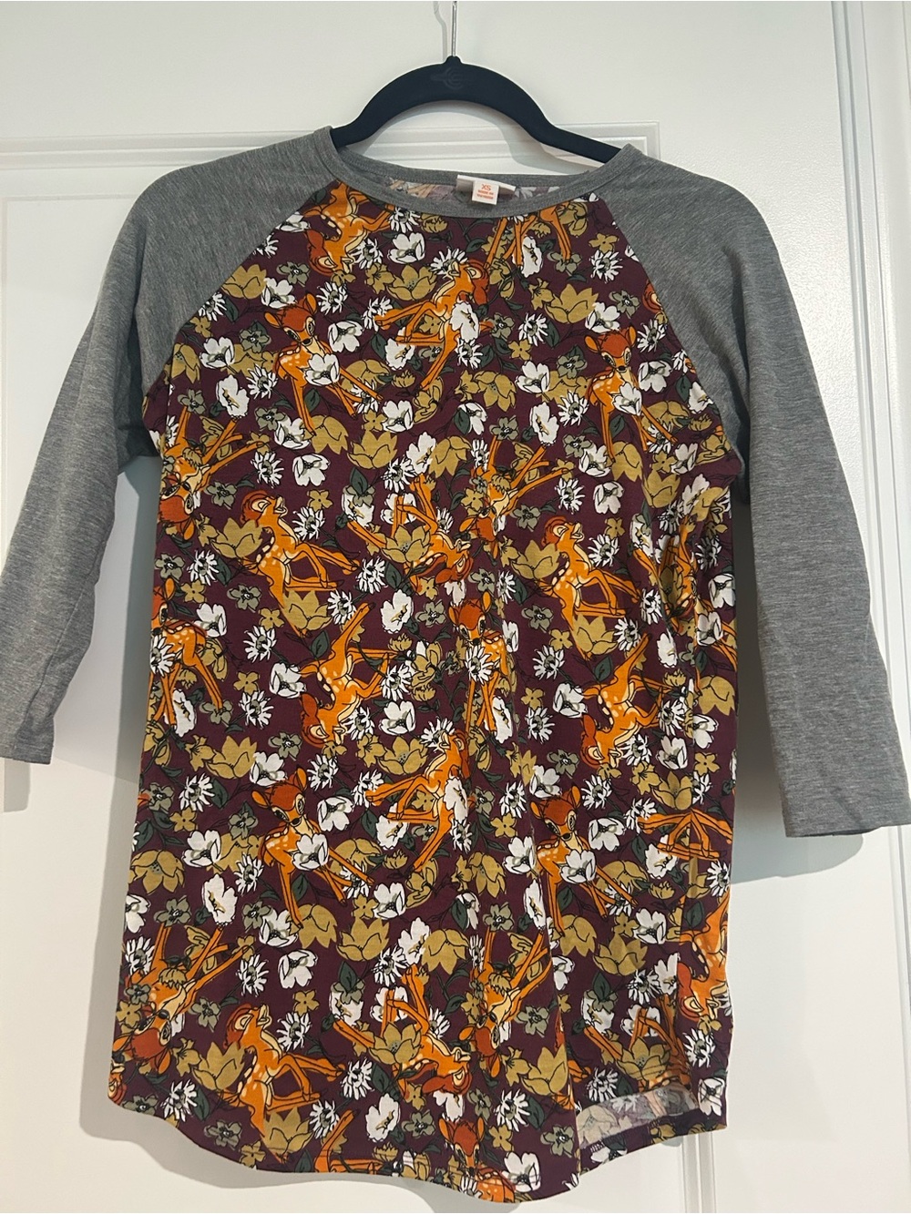 LulaRoe Floral Bambi Raglan Shirt - Gray Sleeves, Burgundy Body